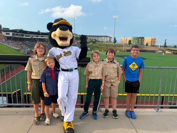 Pack 60 scouts with the West Virginia Black Bears mascot at the ballpark