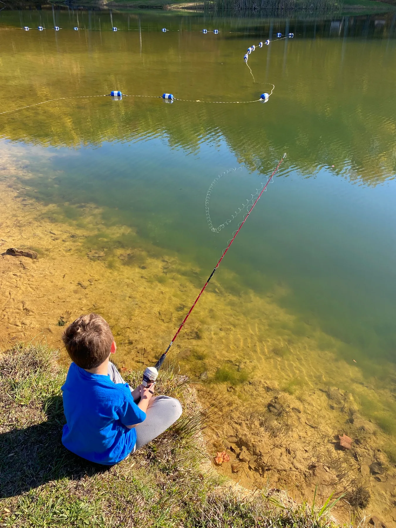A scout fishing from the bank of a pond at Chestnut Ridge Park