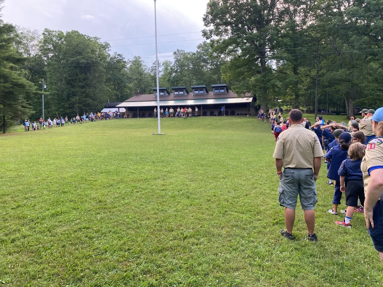 Scouts and families gathered on the field at Camp Mountaineer