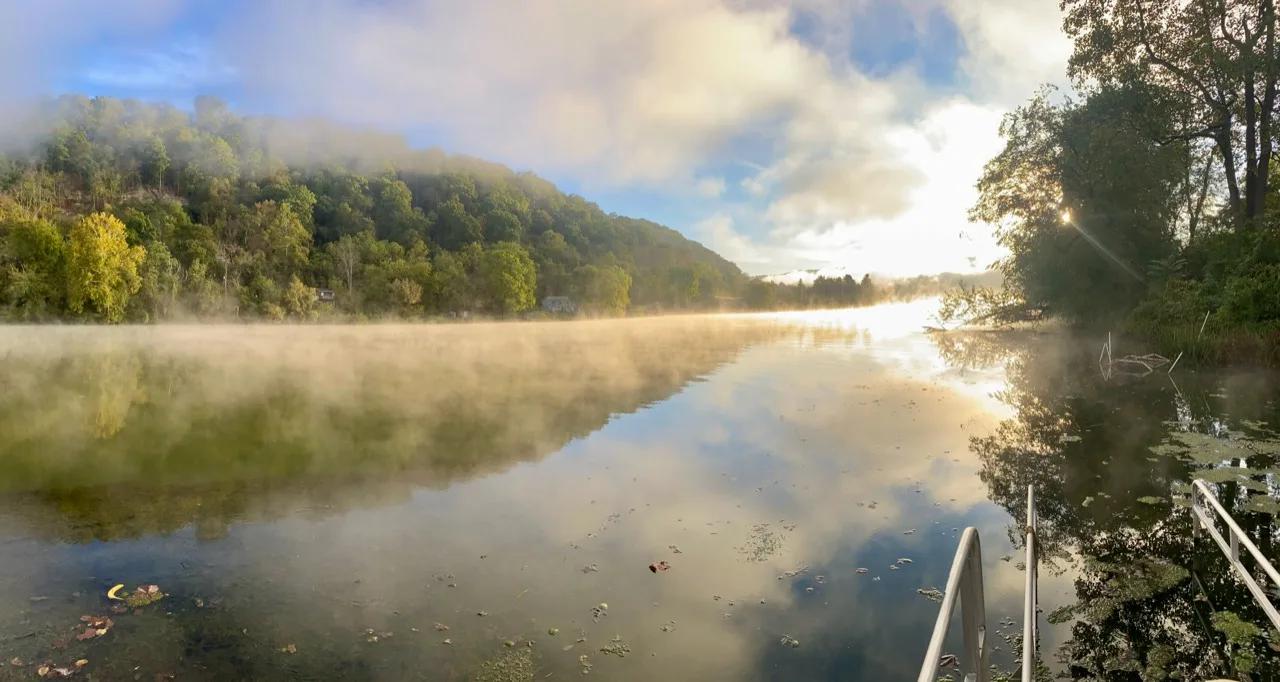 Morning mist rising from the lake at Camp Mountaineer
